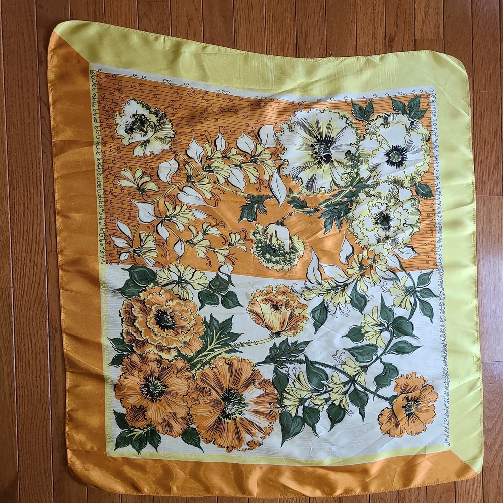 Vintage Floral Handkerchief Granny Cottage Core Yellows Oranges Green 31 x 32 Sq